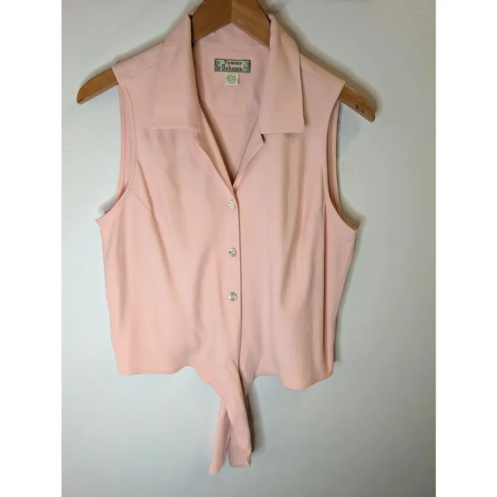 Tommy Bahama 100% Silk Sleeveless Tie Front Blush Pink Top Vintage Sz L - Picture 2 of 8